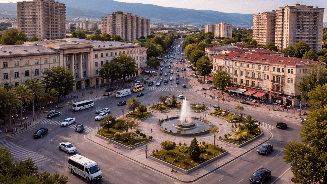 מרכז העיר רוסתווי – כיכר מרכזית ושדרות בעיר ליד טביליסי